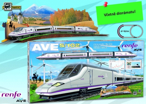 Pequetren vysokorychlostní vlak Renfe Ave S-102 s diorámatem krajiny