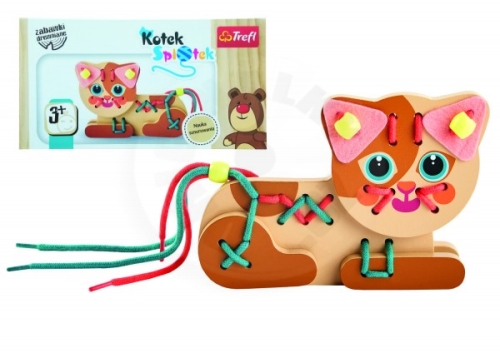 Koťátko dřevěná hračka navlékací se šňůrkami v krabičce 19x10x5cm