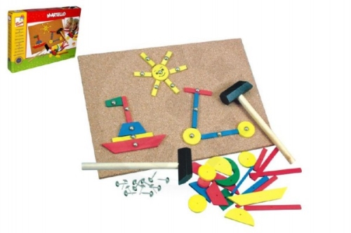 Wooden set - cork pad with hammer and nails 243pcs in a box 26x18,5x3cm